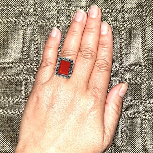 Rare Vintage Carnelian Marcasite 925 Sterling Art Deco Revival Statement Ring - Picture 4 of 12